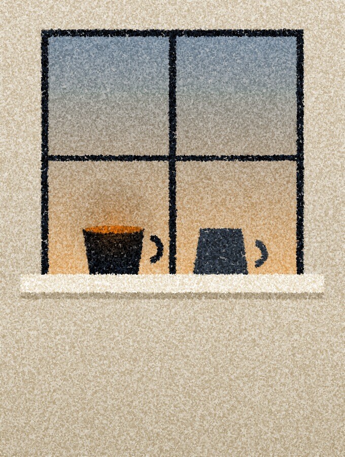 A pointillist illustration: two cups on a windowsill at dusk, one holding amber tea and the other turned upside down.