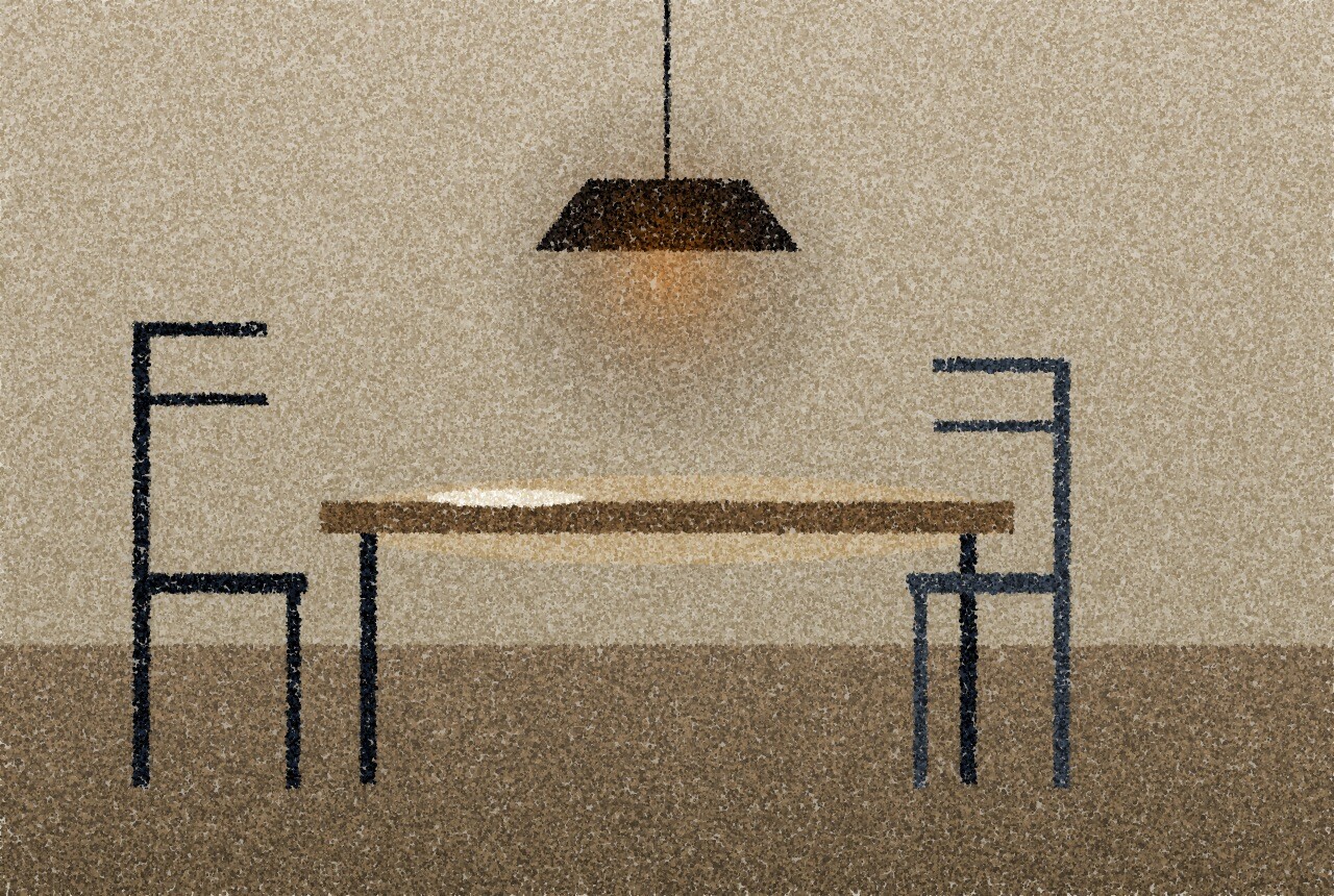 A pointillist illustration: a kitchen table under a hanging lamp, one chair pulled out and one pushed in, a single plate on the table.