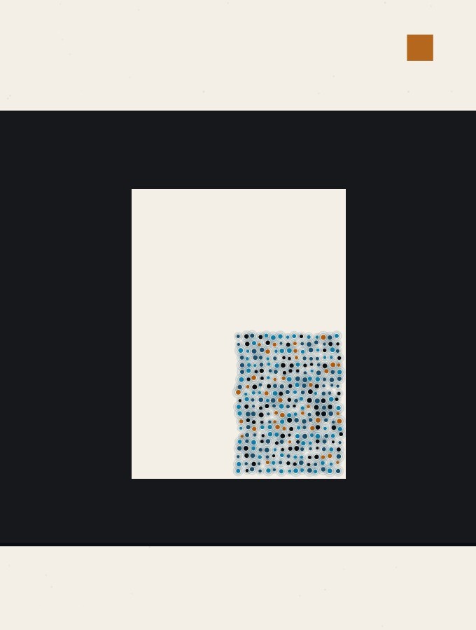 An illustration in dots and straight lines: a doorway standing open on a hard horizon, with a quarter of the opening filled in solid.