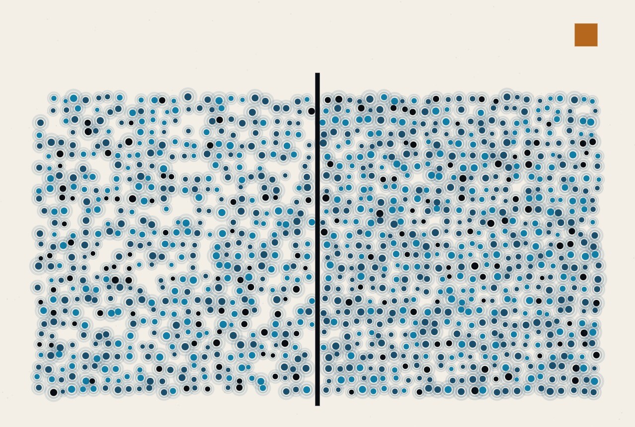 An abstract illustration in dots and straight lines: a wide field of dots divided by a single vertical rule, with the left side faintly thinner than the right.