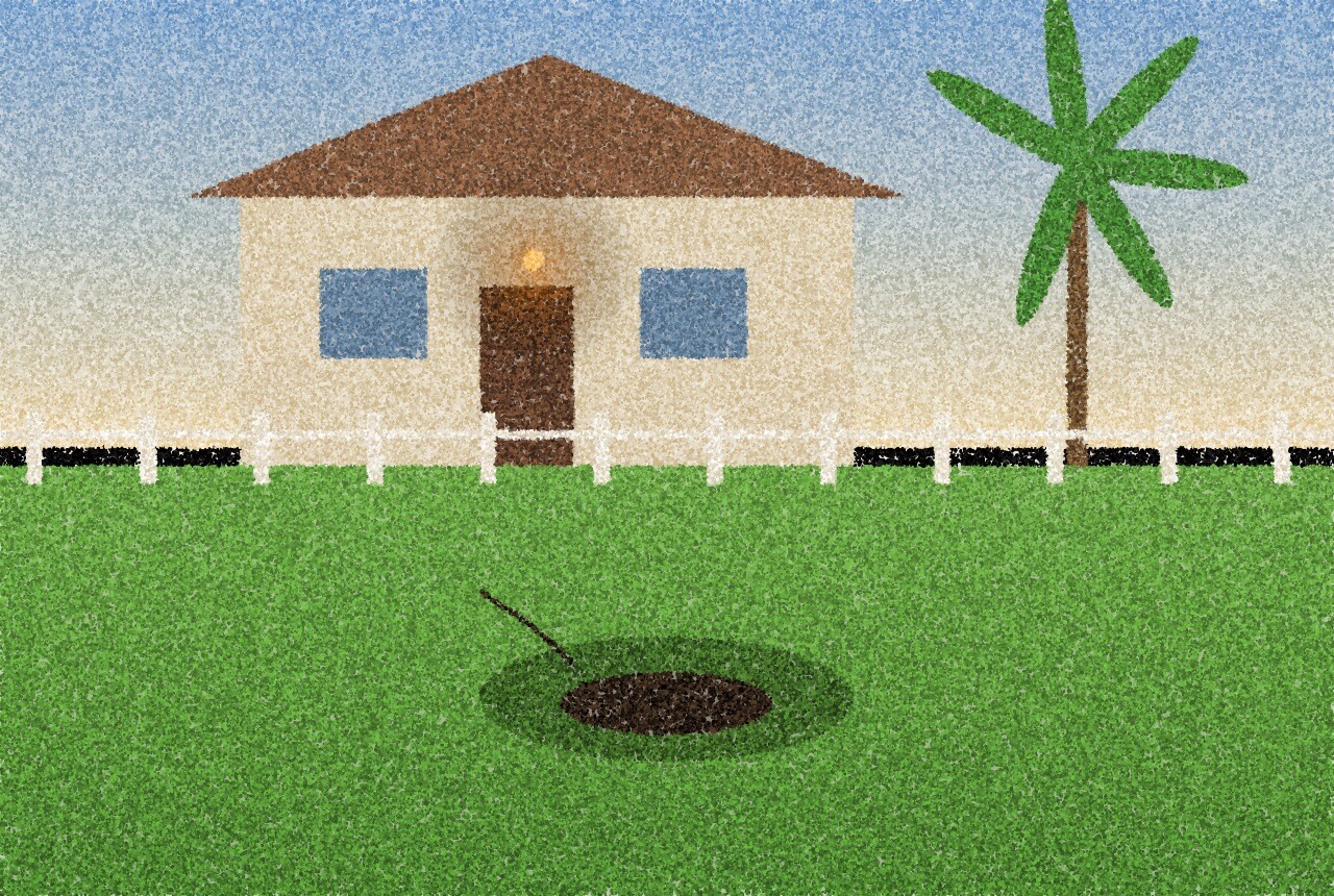 A pointillist illustration: a Florida house with a white fence and a palm tree, and a small dark depression opening in the front lawn, with an amber porch light.