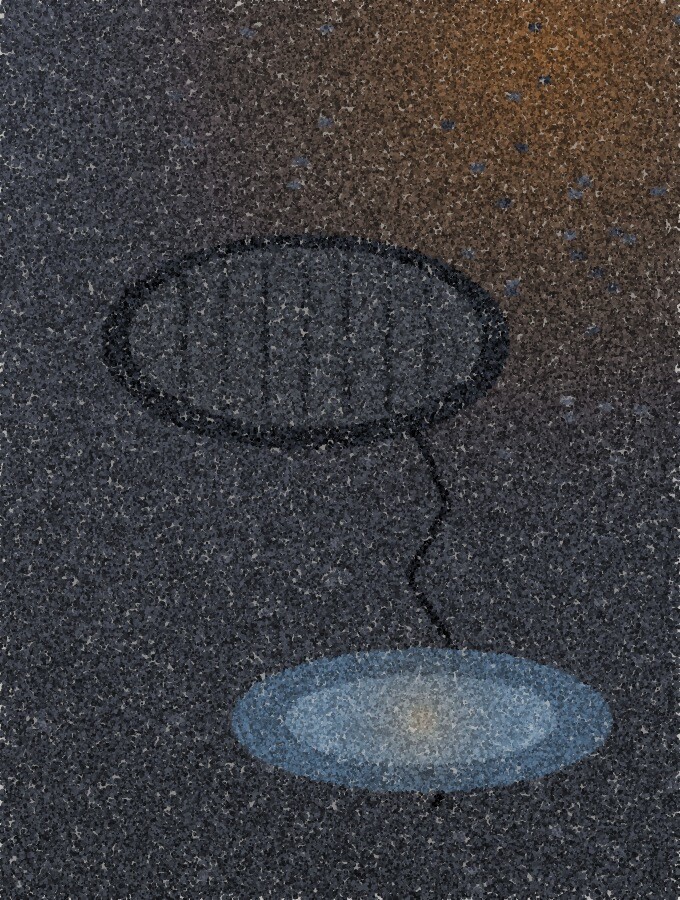 A pointillist illustration: a manhole cover set in dark asphalt, a crack running from it to a shallow dip filled with water, lit by warm amber light.