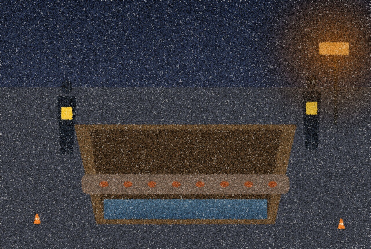 A pointillist illustration: an excavated trench in a road at night exposing a rusted water pipe with water pooling below, two workers at the edges, traffic cones and an amber work light.