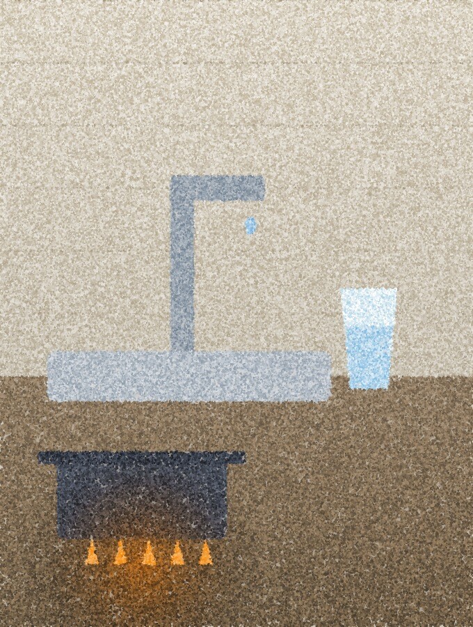 A pointillist illustration: a kitchen tap with a single drop of water, a glass of water beside the sink, and a pot on a stove with small amber flames.