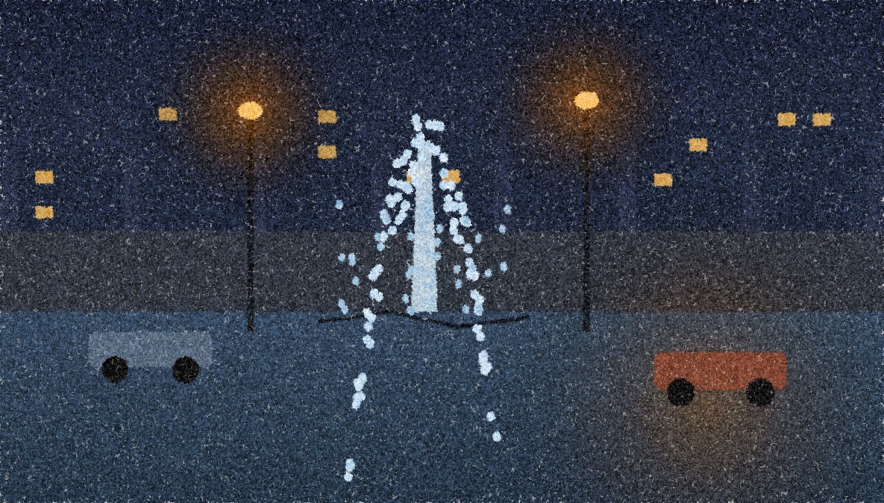 A pointillist illustration: a city street at night with water spraying up from a crack in the road, the street flooded, two stopped cars and two amber streetlamps.