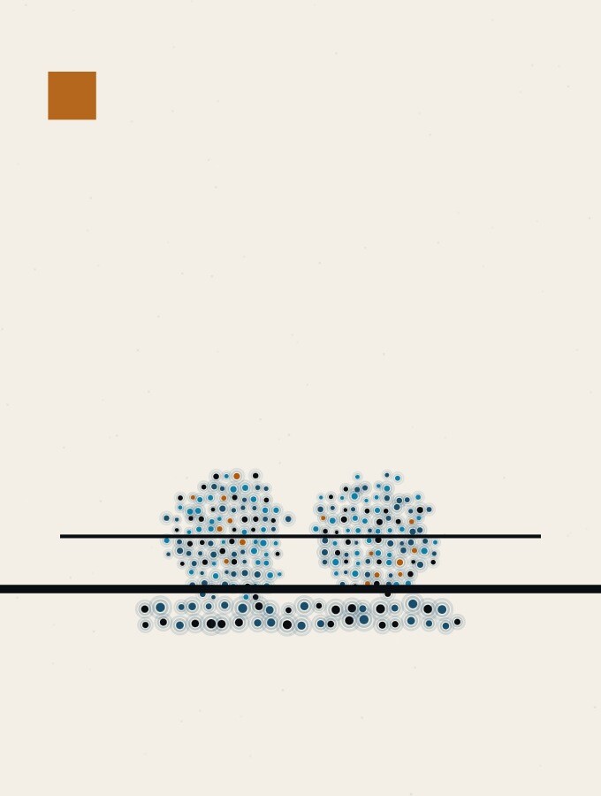 A pointillist illustration in a surreal style: two spheres of dots meeting at the same height above a firm horizon line, with a thin level line marking the height where they touch.