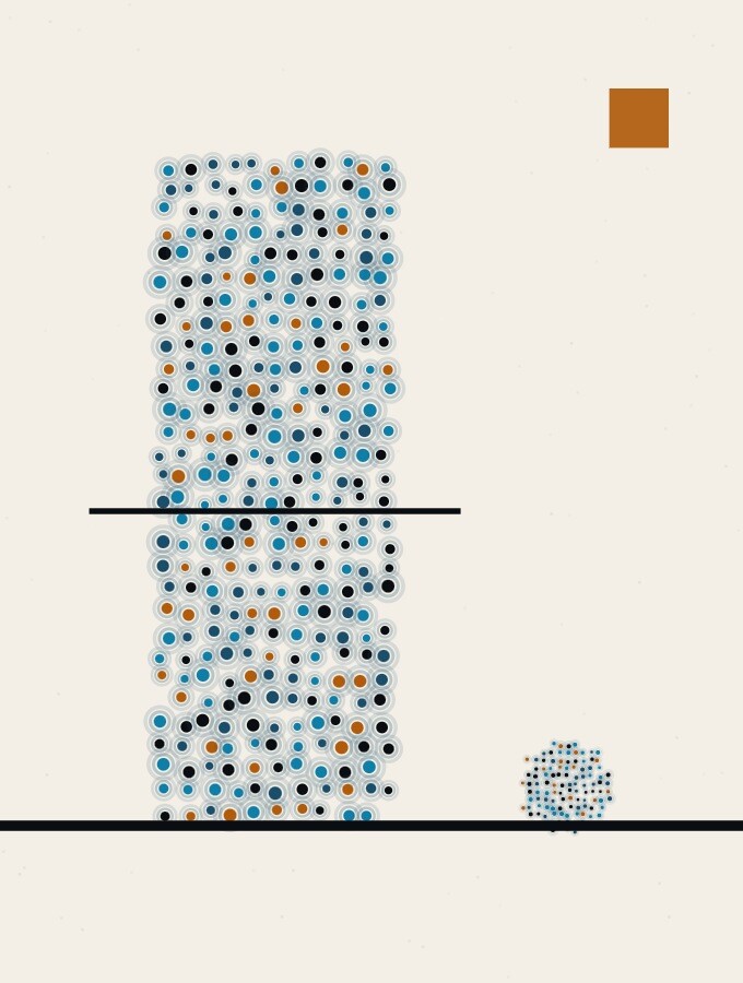 A pointillist illustration in a surreal style: a tall slab of dots with a thin horizontal line drawn across its middle, and a small sphere resting on the ground just below the line.