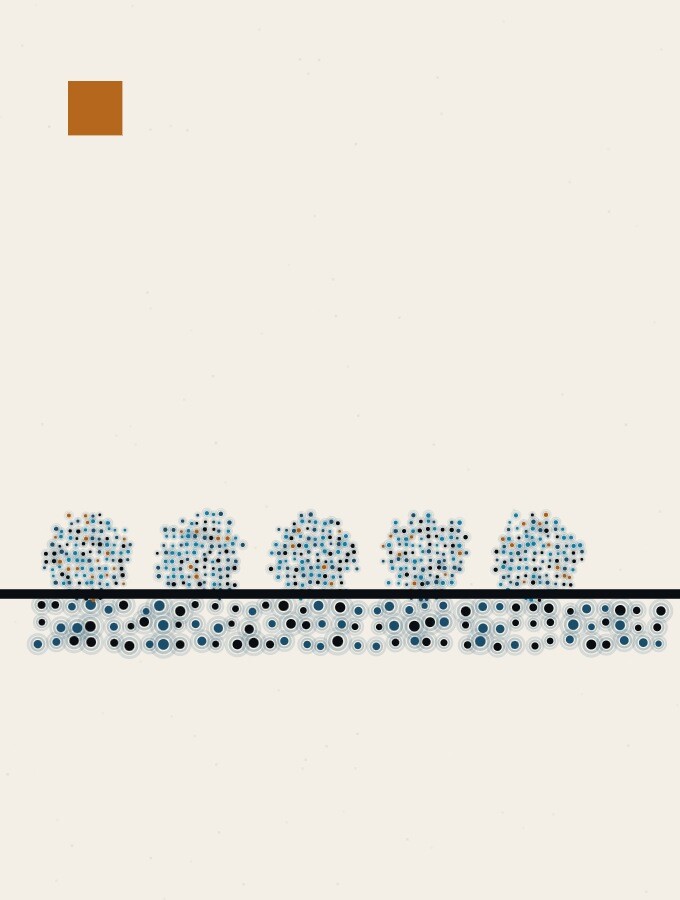 A pointillist illustration in a surreal style: a row of spheres of dots standing close together on a horizon line, casting one long shared shadow.
