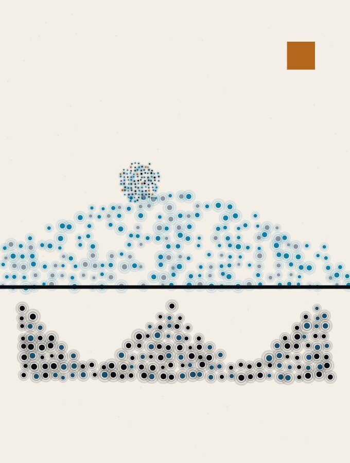 A pointillist illustration in a surreal style: a small sphere of dots above a wide curving band, with a jagged dark slab lying just beneath the surface line.