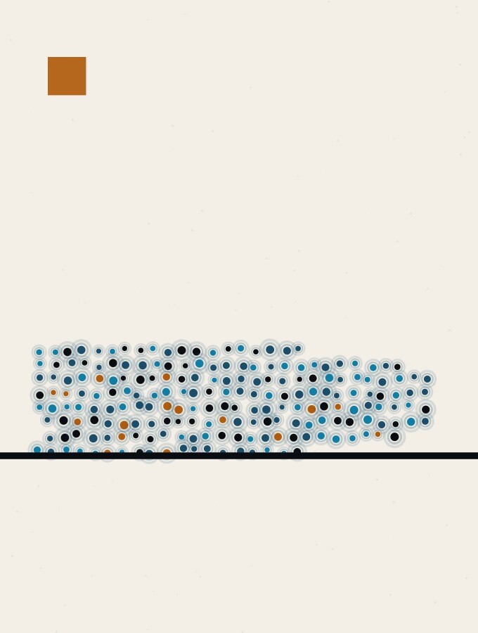 A pointillist illustration in a surreal style: a long flat slab of dots with one end softened into a rounded blunt edge, resting on a calm horizon line.