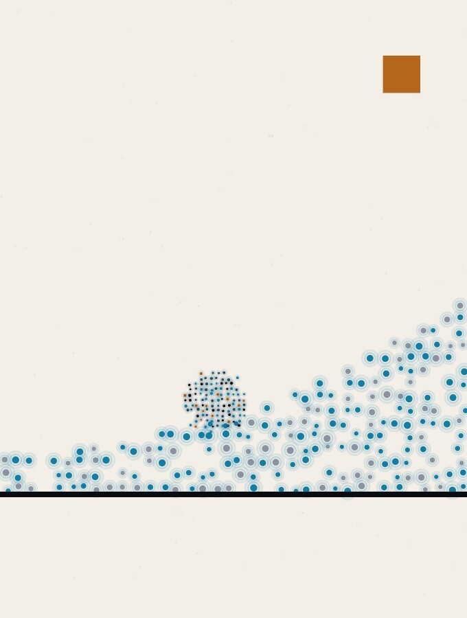 A pointillist illustration in a surreal style: a single sphere of dots resting on a gentle rising curve of blue dots, above a long calm horizon line.