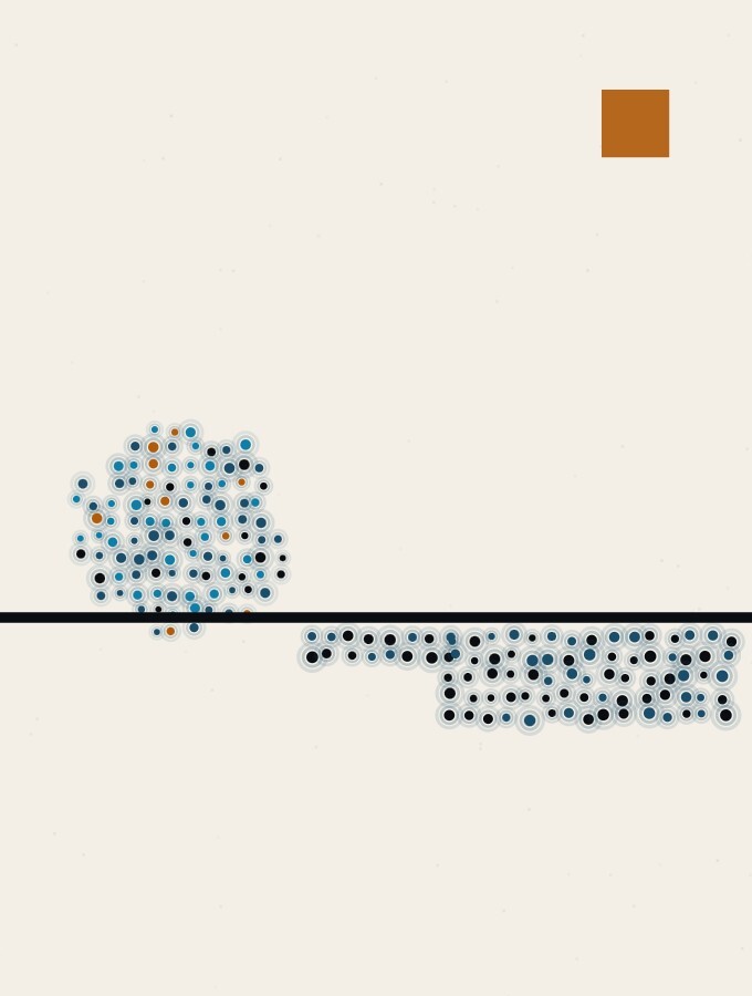 A pointillist illustration in a surreal style: a small sphere on a dark horizon line casting a long shadow that suddenly doubles in length halfway across the plain.