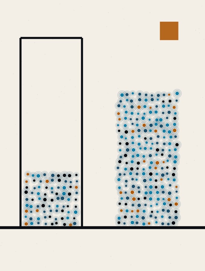 A pointillist illustration in a surreal style: a short column of dots standing inside the empty outline of a much taller one, beside a solid column of medium height.