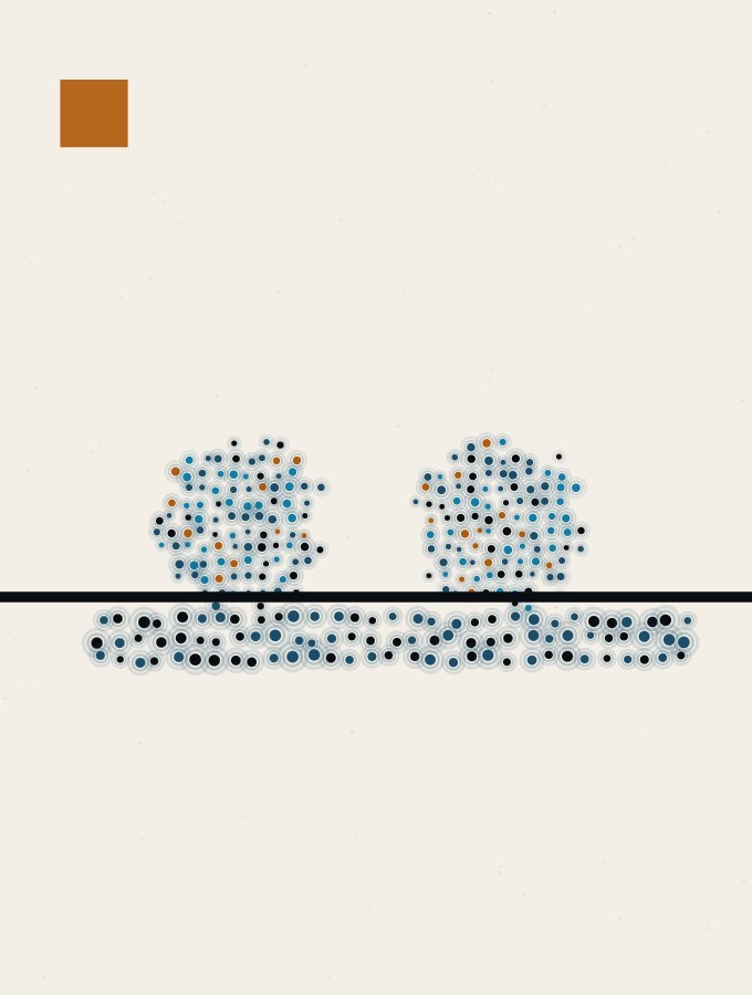 A pointillist illustration in a surreal style: two spheres of dots of equal size resting on a horizon line, close together, sharing a single wide shadow between them.