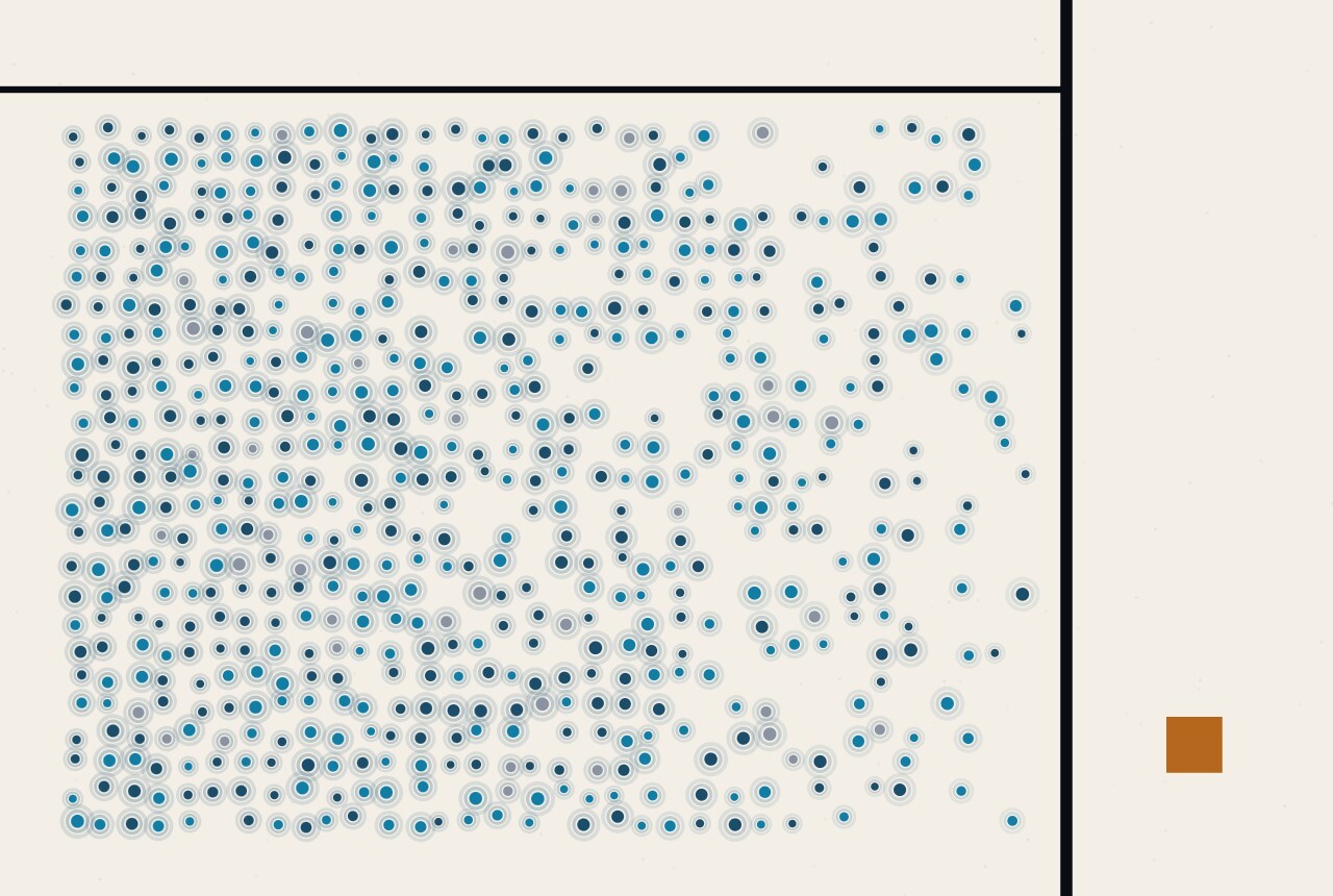 An abstract illustration in dots and straight lines: a wide, dense store of dots fills most of the frame and thins very slowly toward a single vertical rule, with a small amber square in an empty corner.