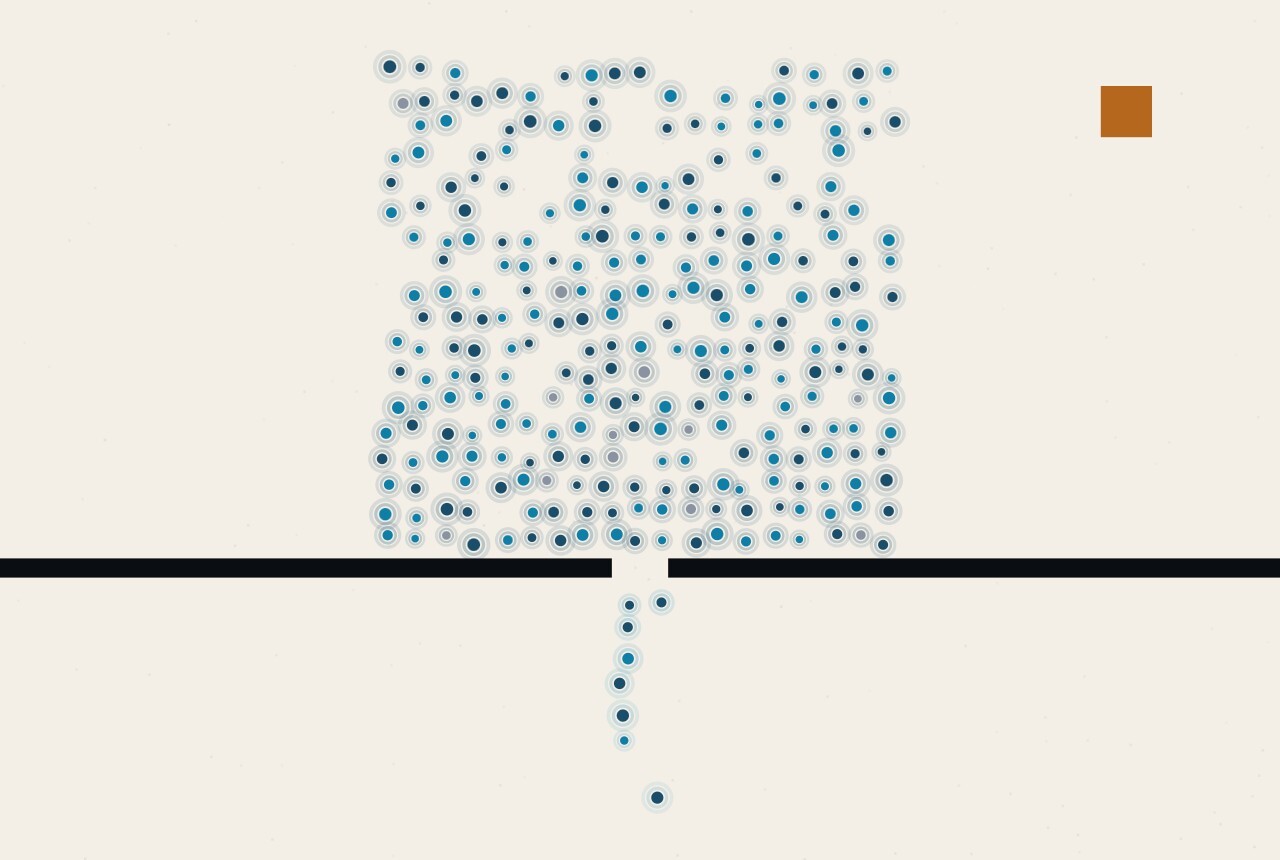 An abstract illustration in dots and straight lines: a tall, dense column of blue dots stands above a thick horizontal rule that has one very small opening, with only a thin trickle of dots below it.