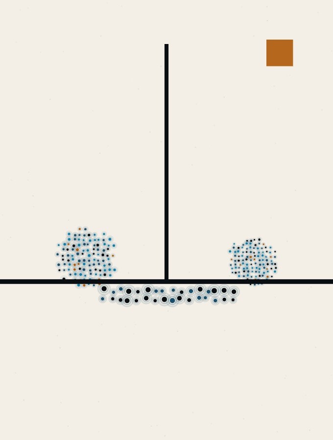 A pointillist illustration in a surreal style: two spheres of dots on either side of a thin vertical line, one sphere's shadow crossing under the line into the other side.