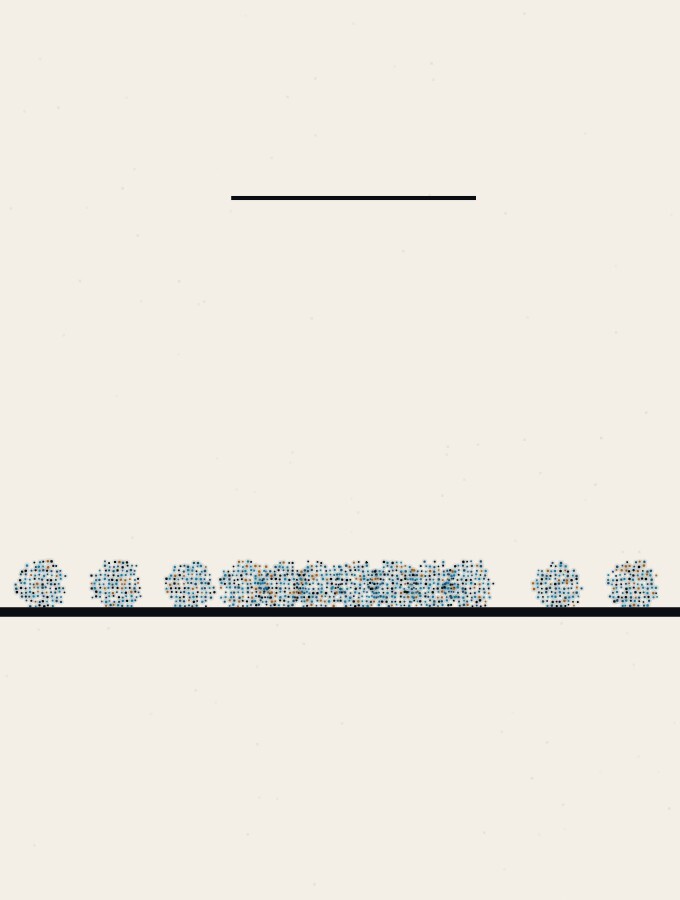 An abstract illustration in pointillist dots: a long row of small dot-spheres resting on a horizon line, evenly spaced except for seven that huddle together in the middle beneath a single thin rule drawn across the sky.