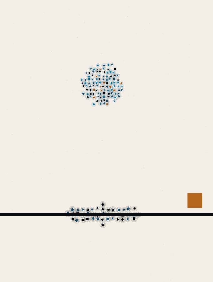 An abstract illustration in pointillist dots: a single dot-sphere hanging in the air above a wide horizon, its round shadow resting on the ground below, with one small amber square standing at the far edge of the plain.