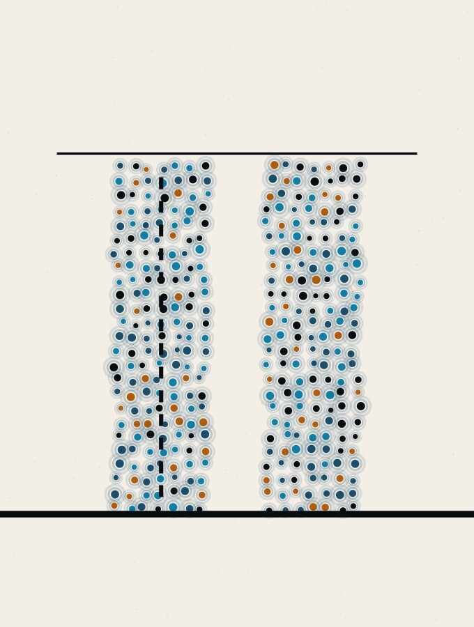 An abstract illustration in pointillist dots: two dot-columns of equal height standing side by side on a horizon, one of them crossed by a fine vertical stitched line, both reaching the same faint horizontal rule above.