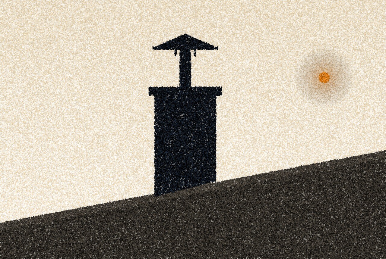 A pointillist illustration: a chimney stack with a flue cowl on a dark roof against a pale sky.