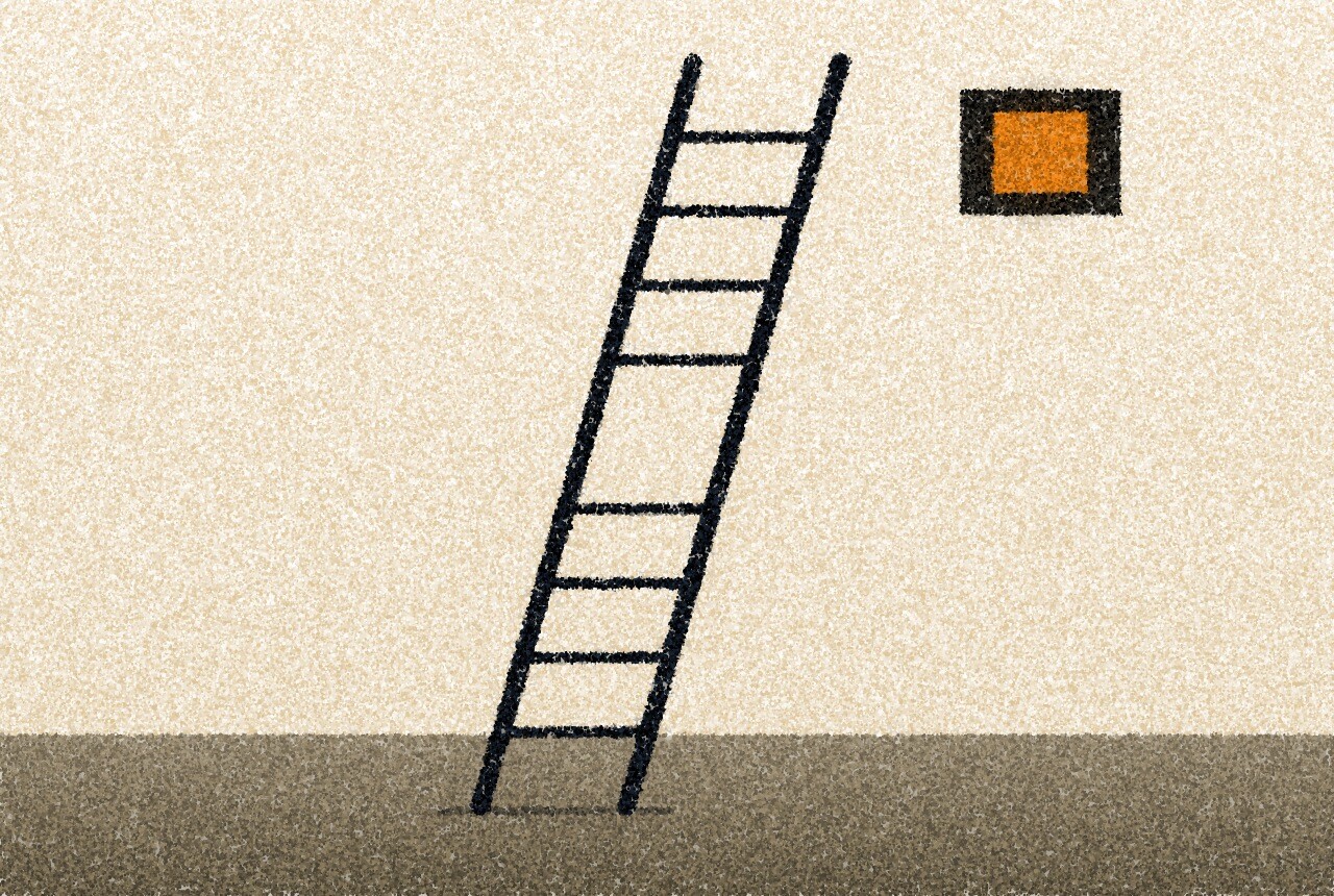 A pointillist illustration: a ladder leaning against a pale wall with one rung missing, beneath a lit window.