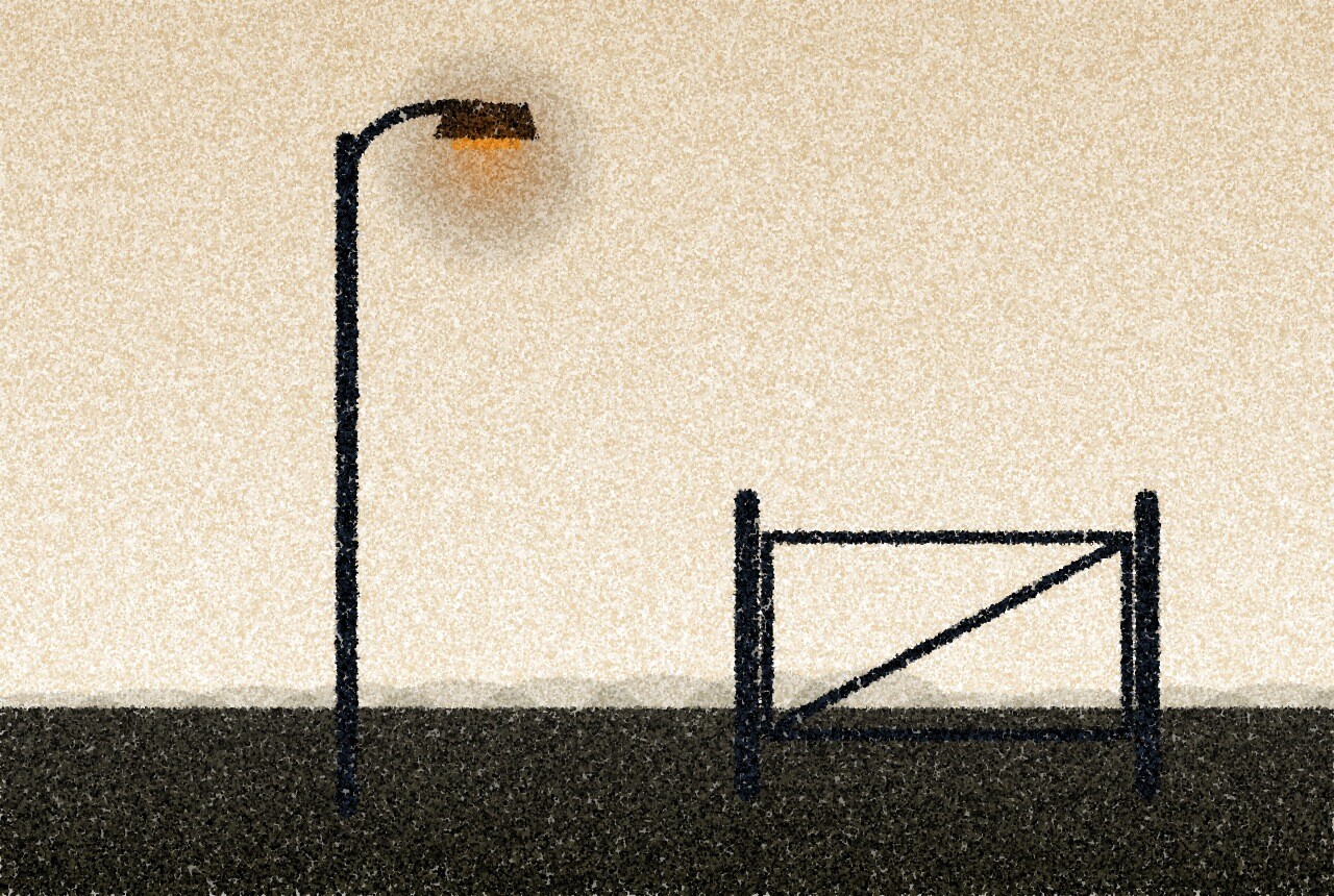 A pointillist illustration: a street lamp at dusk beside a low garden gate.