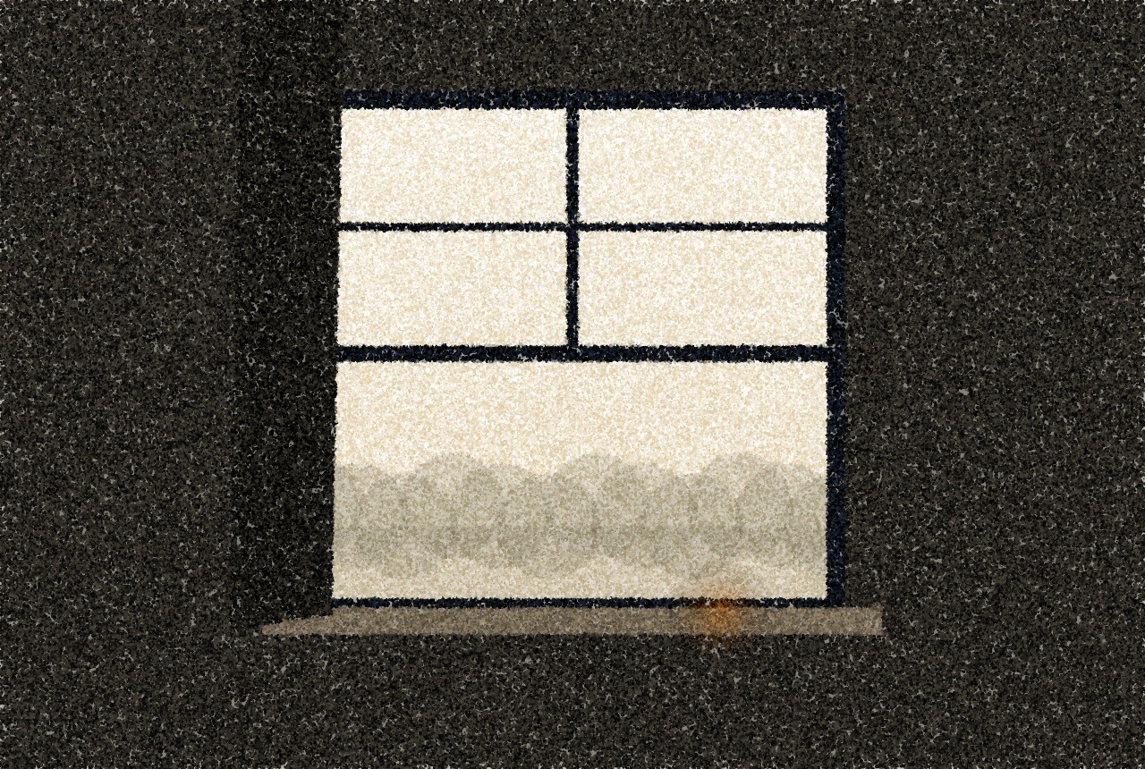 A pointillist illustration: a dark room with a tall sash window opened onto a bright morning.