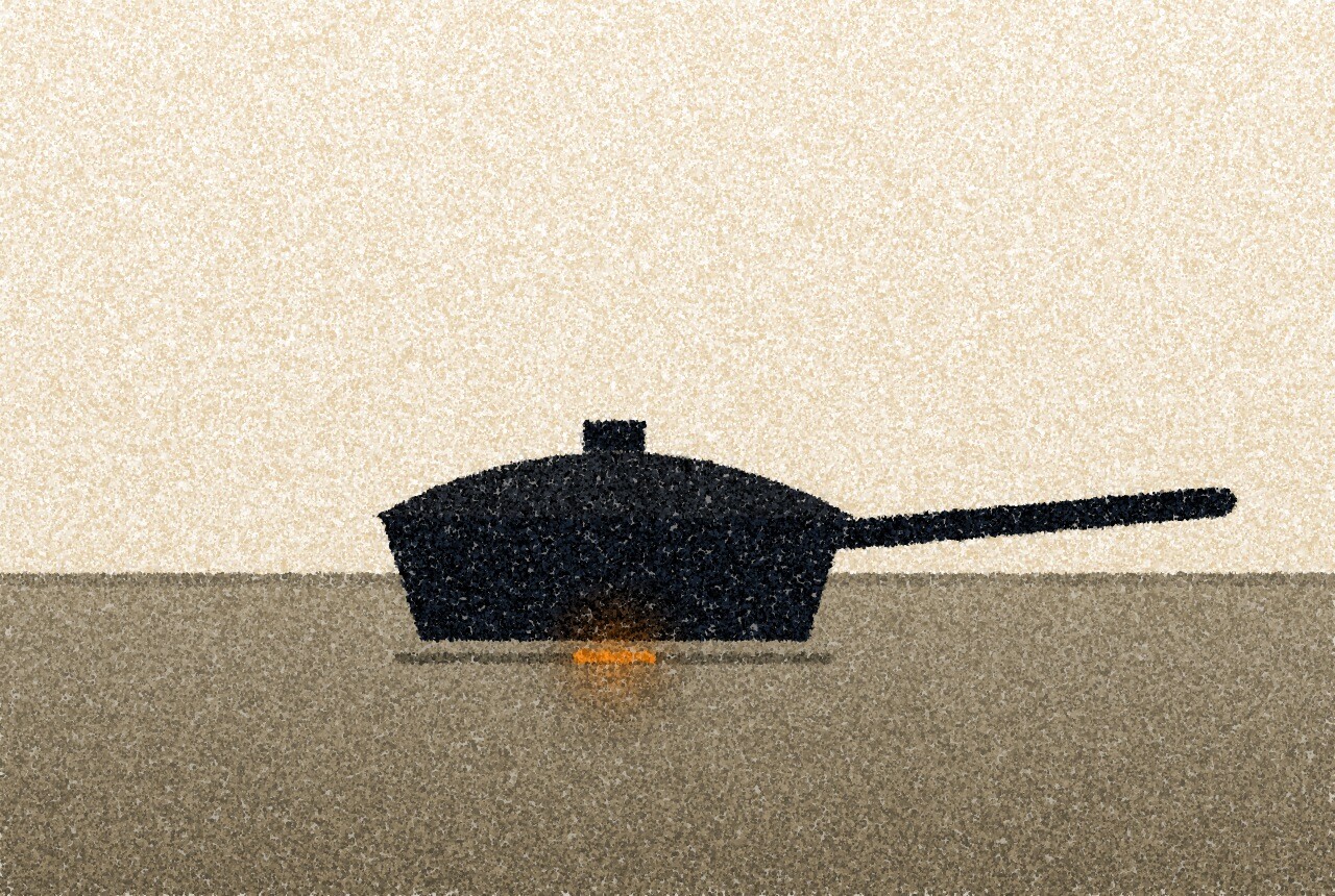 A pointillist illustration: a frying pan with its lid on, sitting on a hob against a pale tiled wall.
