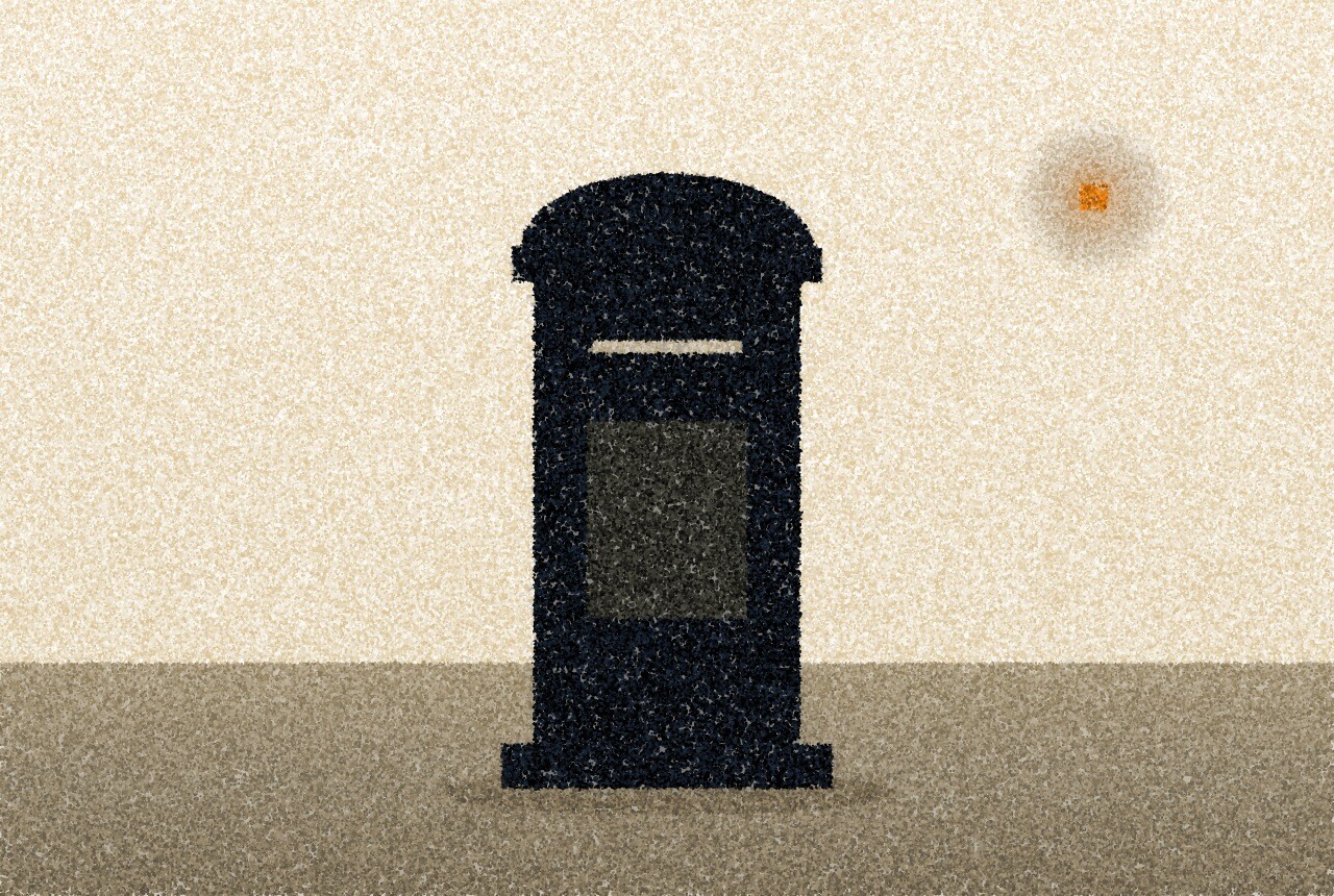 A pointillist illustration: a round pillar postbox on a pavement against a pale wall.