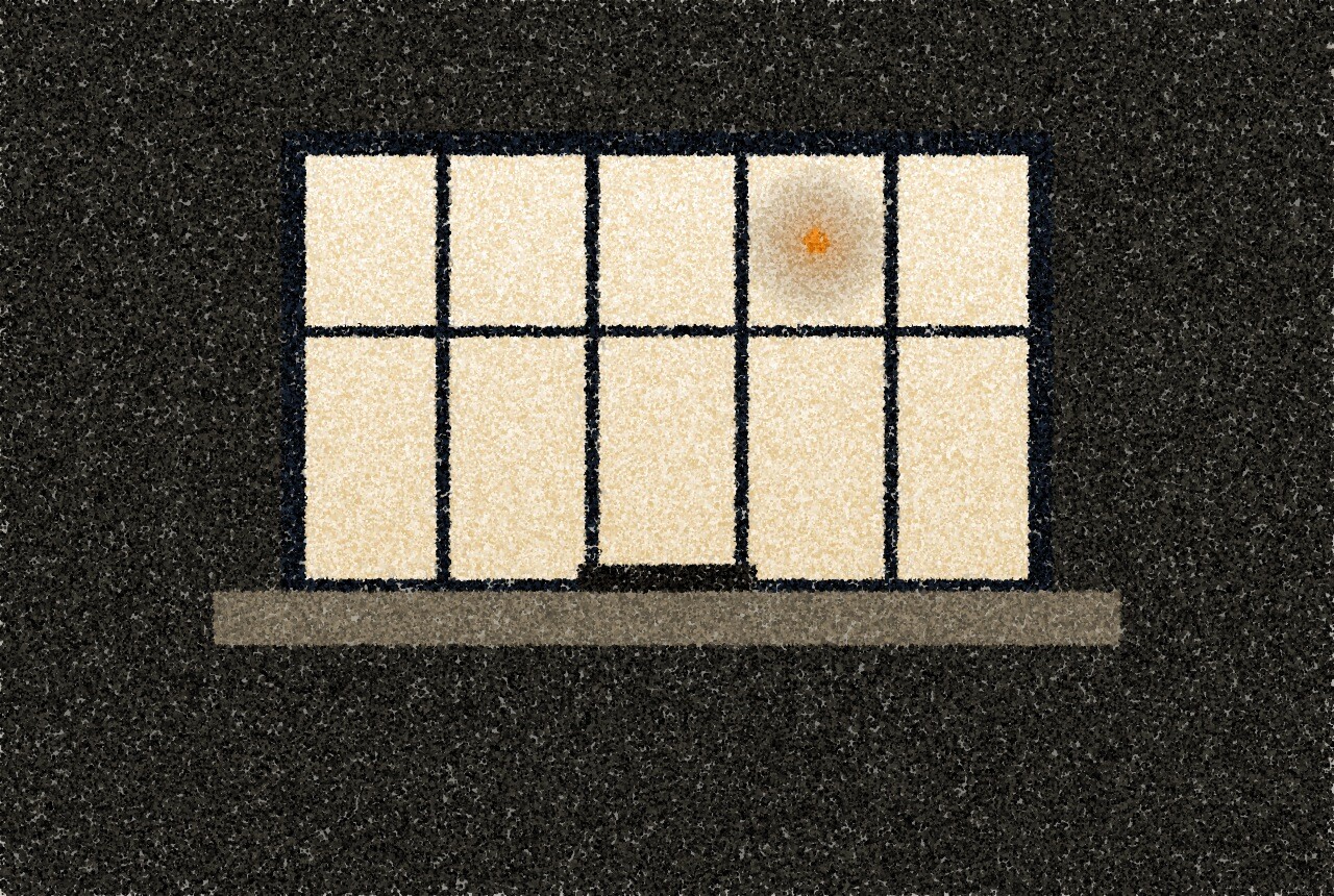 A pointillist illustration: a lit counter window divided by bars in a dark wall.