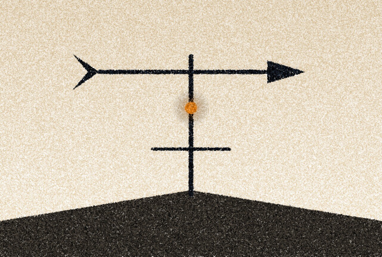 A pointillist illustration: a weather vane on a rooftop against a pale sky.