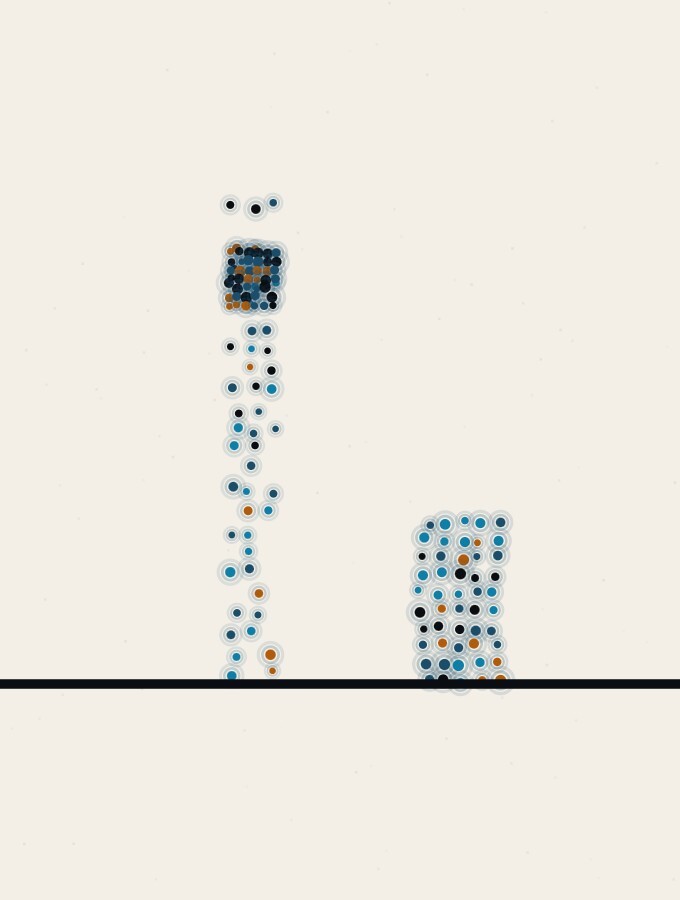 An abstract illustration in pointillist dots: a tall, thin dot-column on a low horizon with a single bright band of denser dots near its top, beside a short, sturdy column that stands calm, under a sky of sparse even dots.