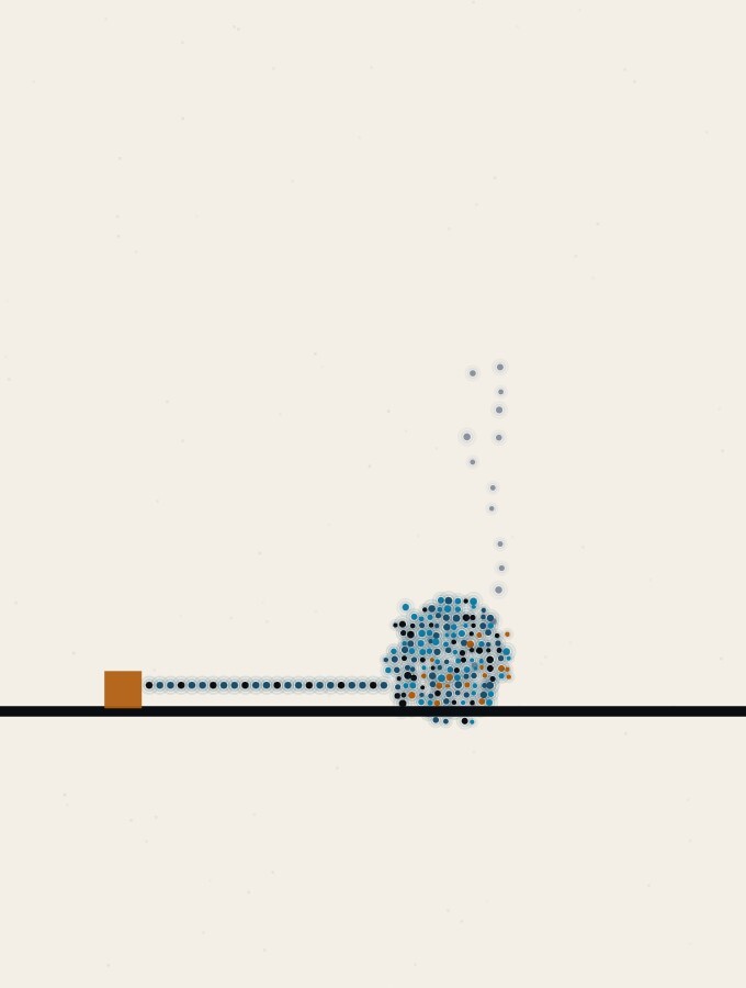 An abstract illustration in pointillist dots: a dot-sphere lying on a horizon, a straight dotted line running to it from a small amber square standing close by, and a faint vertical column of dots rising again behind the sphere.