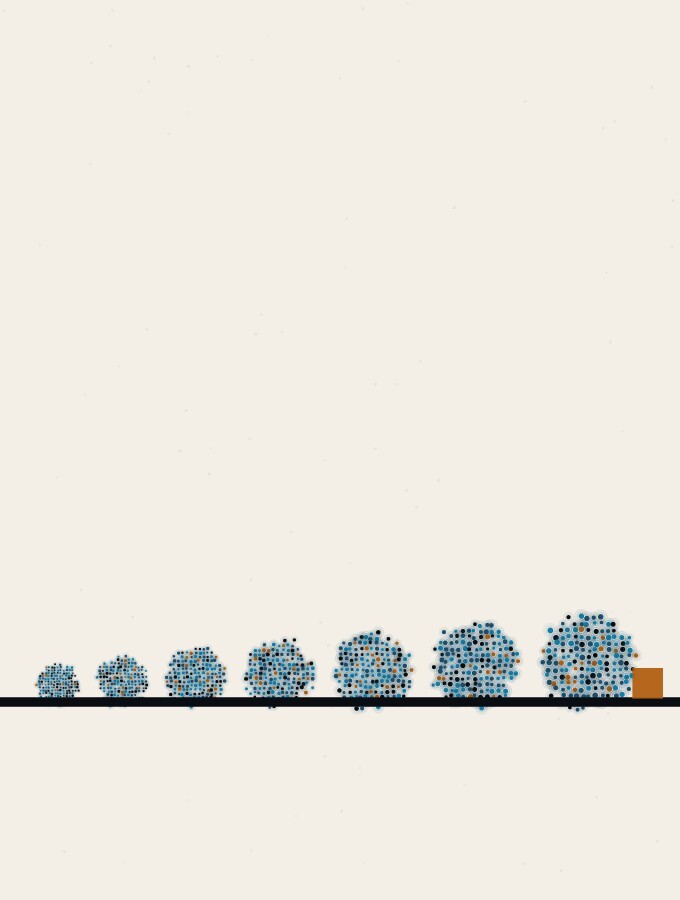 An abstract illustration in pointillist dots: a long, even row of dot-spheres resting along a calm horizon, each a little larger than the last, with a small amber square waiting at the end of the row.