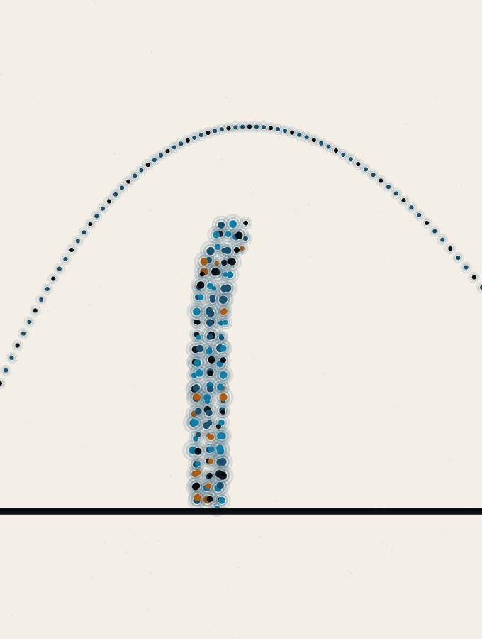 An abstract illustration in pointillist dots: a single slender dot-column stands on a low horizon and leans slightly to one side at the top, while a thin curved line of dots sweeps over it in a high arc, like the path of a raised arm.