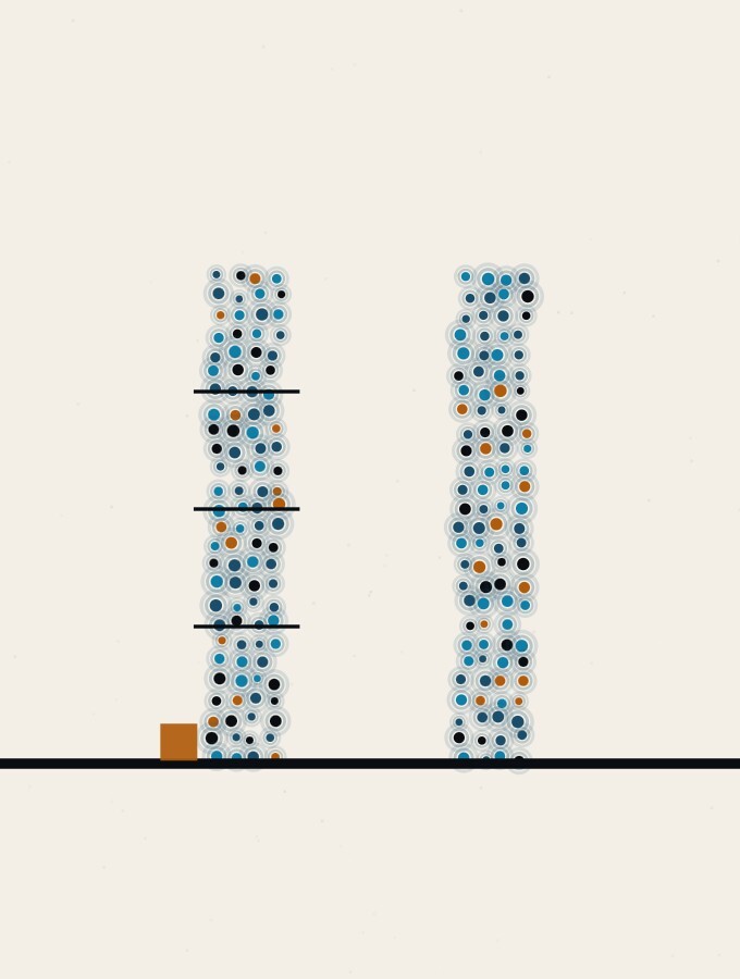 An abstract illustration in pointillist dots: two dot-columns of equal height stand side by side on a horizon; the left one is ringed by three thin horizontal rules like bands, and a small amber square rests at its foot, while the right column stands bare.