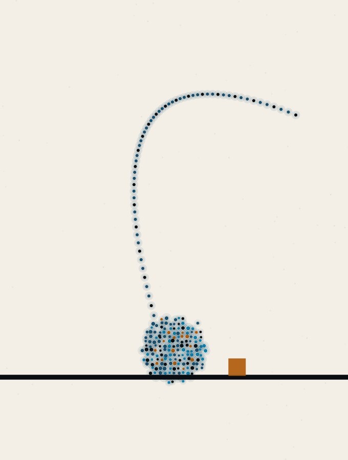 An abstract illustration in pointillist dots: a wide calm horizon with one dot-sphere resting on it at the centre, a long low arc of dots rising from behind it into the sky, and a small amber square standing a little way off to the right.