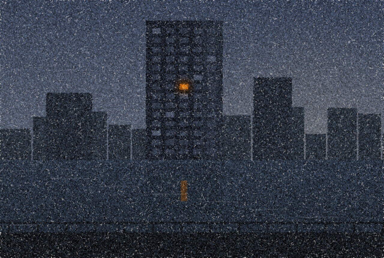 点描画:暗い港の向こうに見える夜の高層オフィスビル。窓の列は暗く、一つの窓にだけ小さな琥珀色の光がともっている。