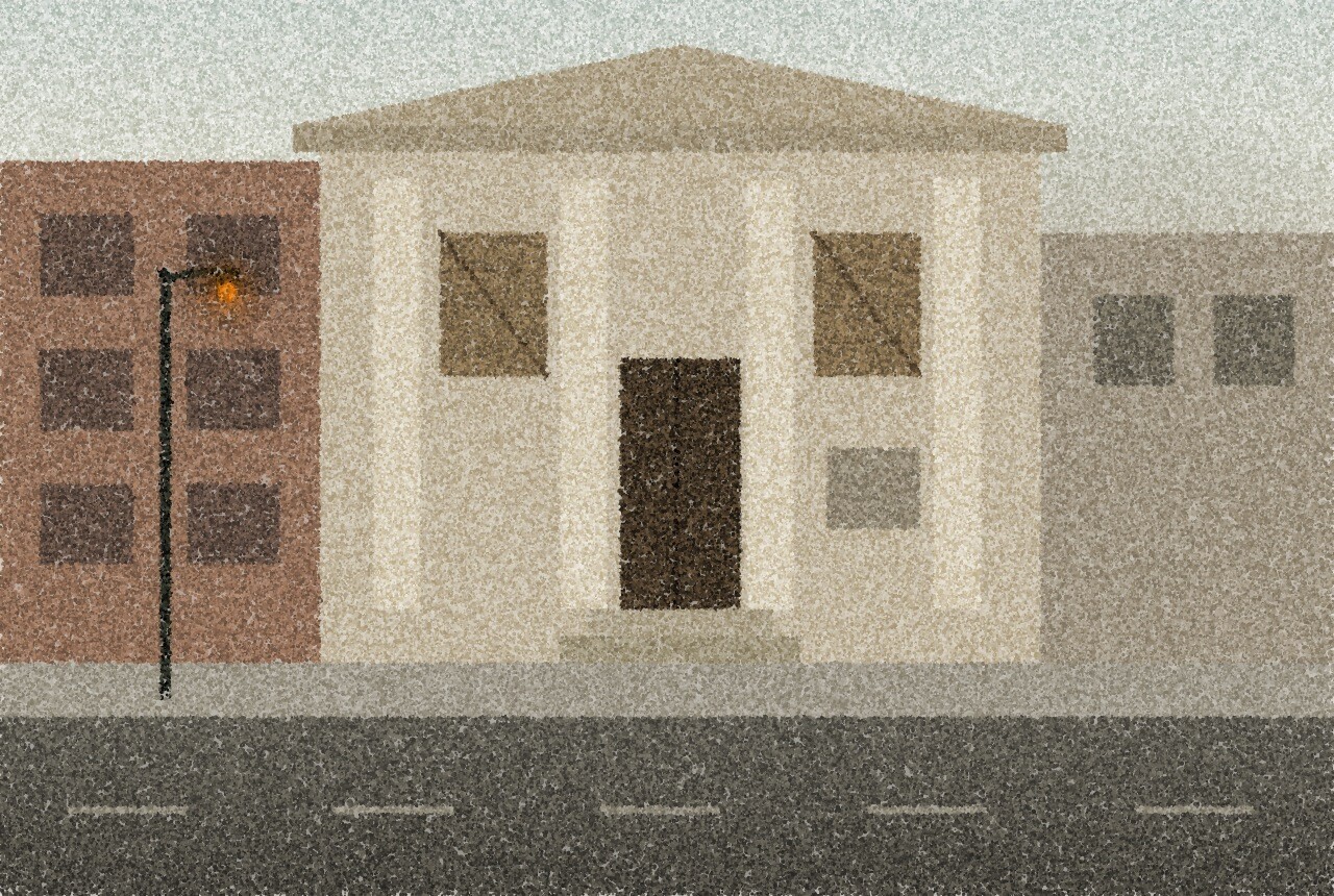 A pointillist illustration: a small stone bank building on a quiet high street at dawn, its windows boarded and its door shut, a blank panel where a cash machine used to be, and one small amber point of light from a street lamp.