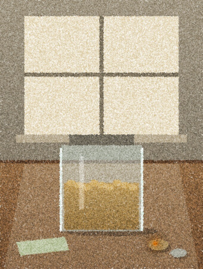 A pointillist illustration: a glass jar half full of coins on a kitchen table below a bright window, a folded banknote and two loose coins beside it, in a tall narrow frame, with one amber point of light on a coin.
