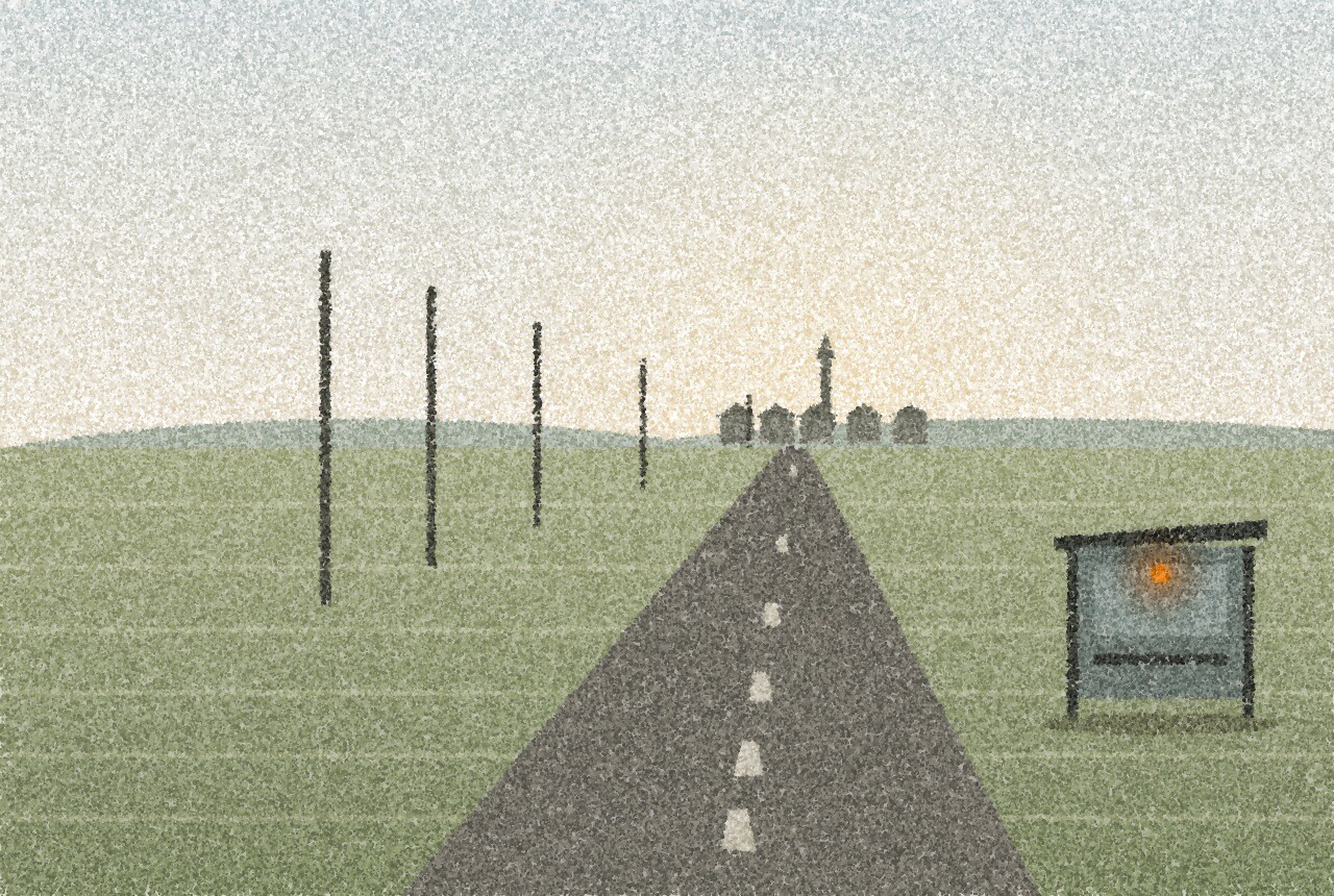 A pointillist illustration: a long empty country road running towards a small town on the horizon under a pale winter sky, a lone bus shelter by the verge, and one amber point of light inside the shelter.