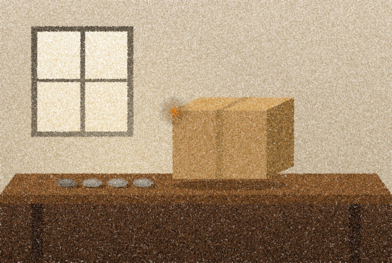 A pointillist illustration: a plain cardboard parcel on a wooden hall table under a window, four flat round stones lined up beside it, soft afternoon light, with one small amber point of light on the edge of the parcel.
