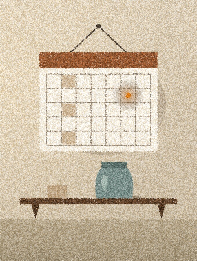 A pointillist illustration: a tall narrow view of a wall calendar hanging above a small kitchen shelf with a ceramic jar, in soft side light, with one amber point of light on a single day of the calendar.