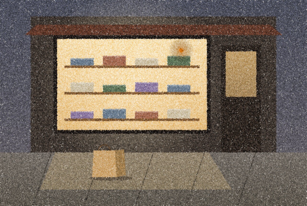 A pointillist illustration: a quiet shop window at dusk with folded garments on plain shelves and an empty paper shopping bag on the pavement outside, warm interior light, with one amber point of light inside the window.