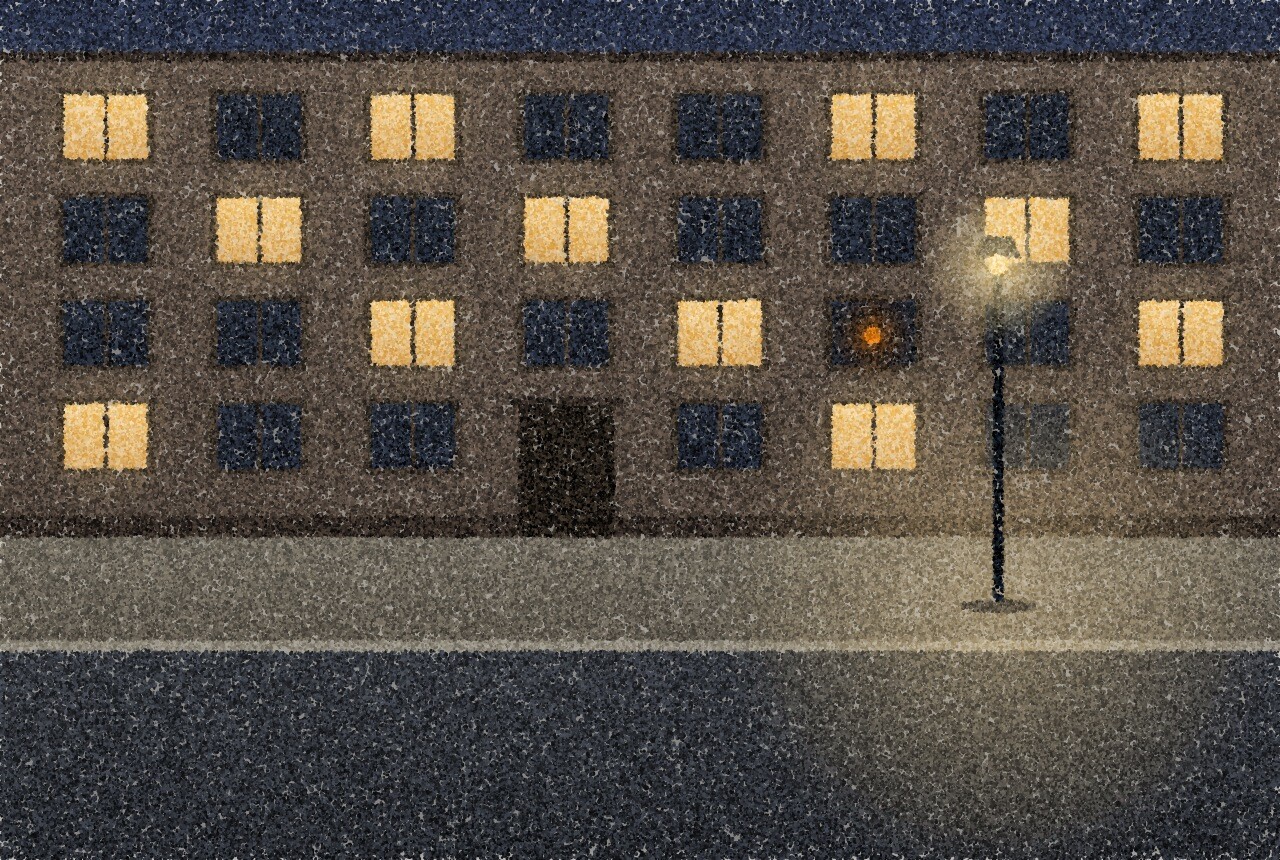 A pointillist illustration: a quiet city street at night, a facade of lit and dark apartment windows above an empty pavement and a single street lamp, with one small amber point of light in a dark window.