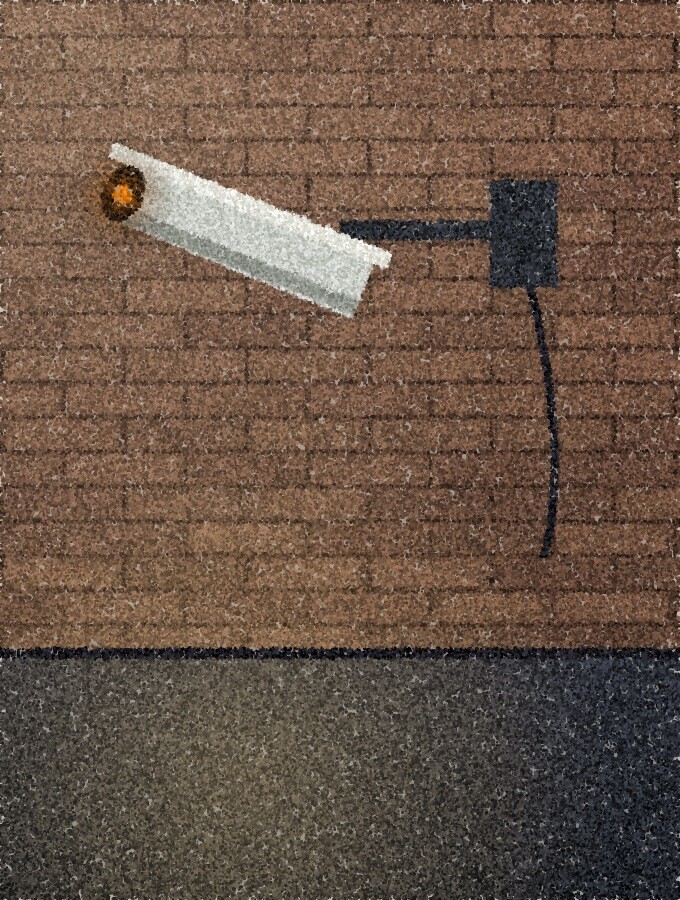 A pointillist illustration: a surveillance camera on a bracket high on a brick wall above a dim night street, in a tall narrow frame, with one small amber point of light at the camera&rsquo;s lens.