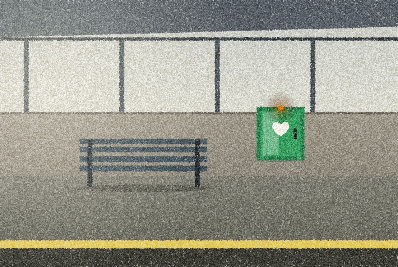 A pointillist illustration: a wall-mounted defibrillator cabinet beside a railway station bench on an empty platform in grey morning light, with one small amber point of light on the cabinet.