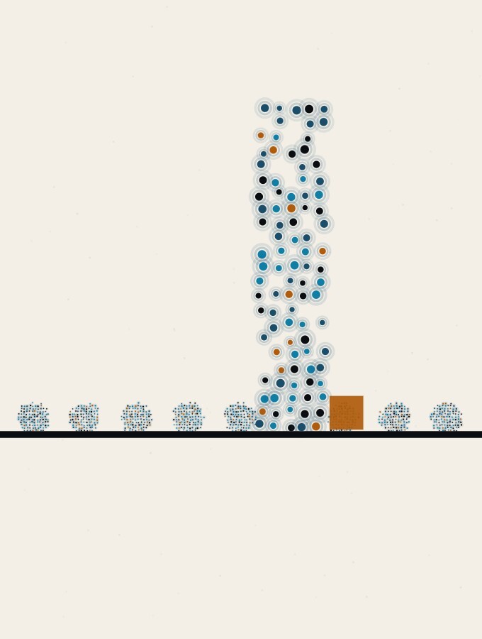 An abstract illustration in pointillist dots: a long row of small, evenly spaced dot-spheres resting on a low horizon, with one of them stretched upwards into a tall, dense column of dots, a small amber square at its foot.
