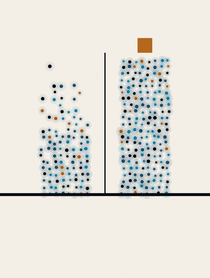 An abstract illustration in pointillist dots: two tall columns of dots facing each other across a thin vertical rule on a horizon, one column thinning sharply towards its top, the other unchanged, with a small amber square resting on top of the unchanged column.